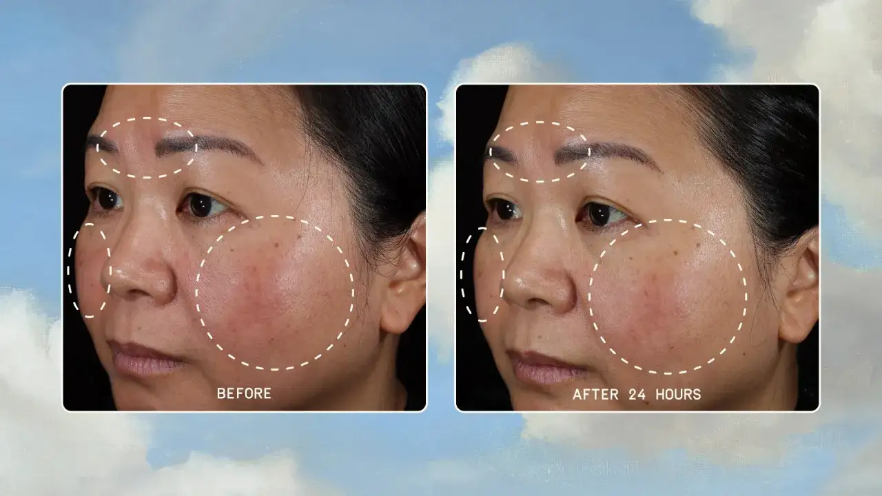 Before and after images show a woman's face. The 
