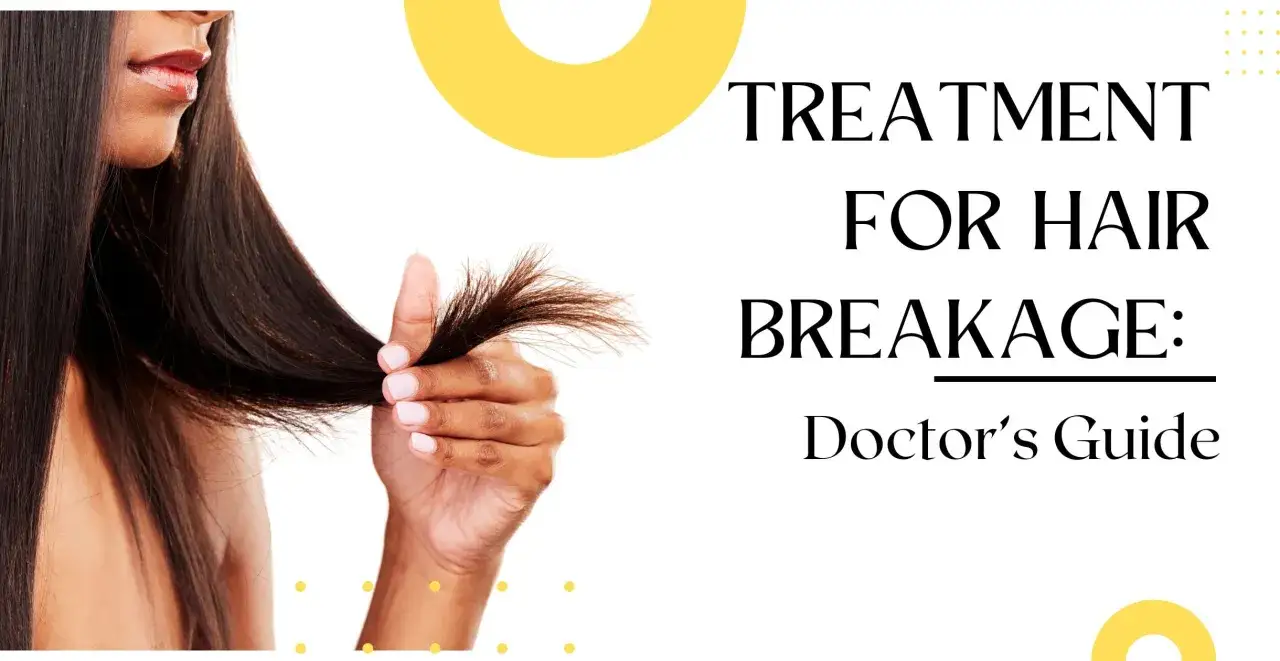 Frauenhand h&auml;lt d&uuml;nne, gespaltene Haarspitzen, die auf Haarbruch am Oberkopf hindeuten. Text: Treatment for Hair Breakage: Doctor's Guide.