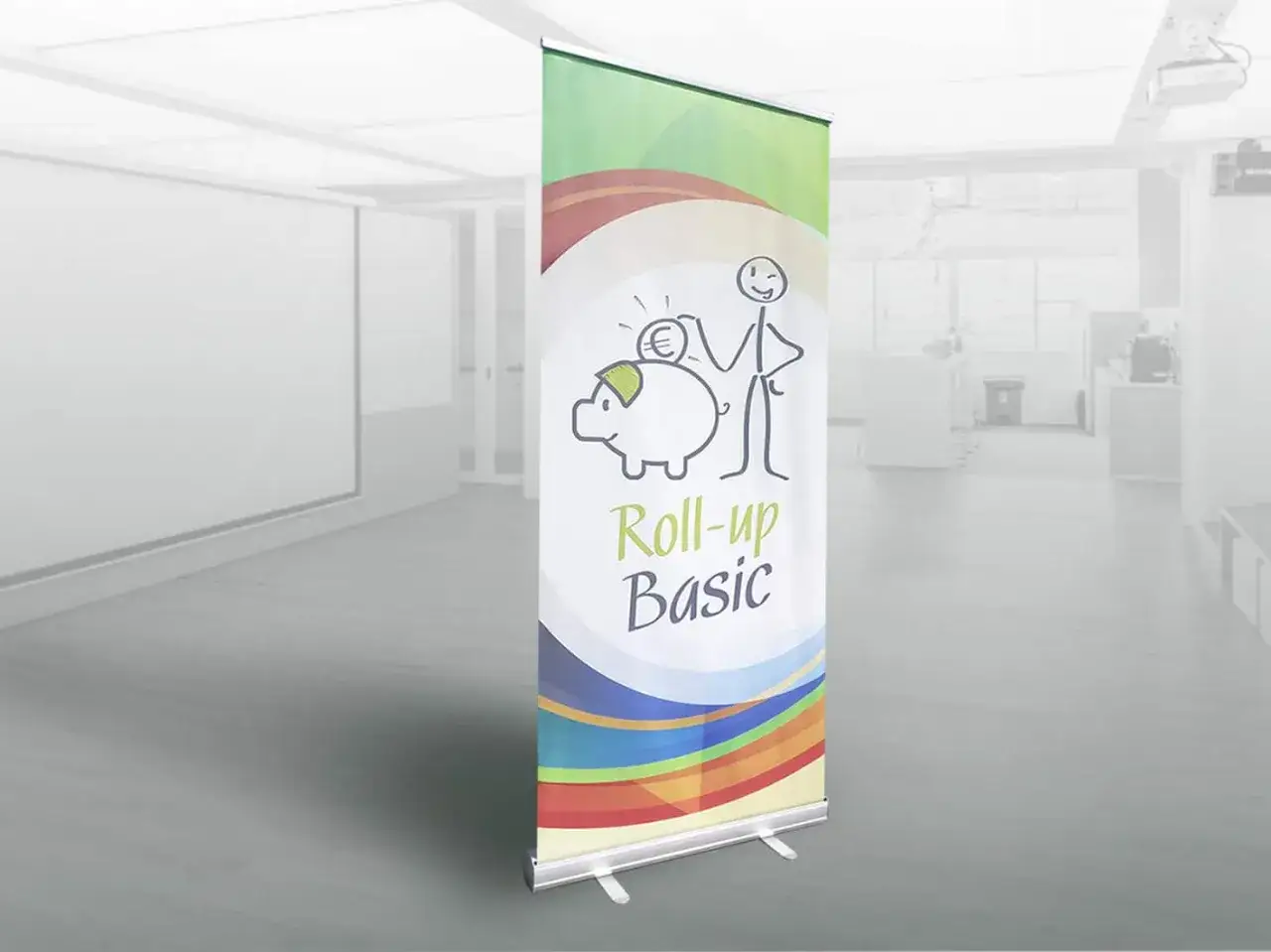 Tanie rollupy z zabawną grafiką świnki-skarbonki i ludzika. Idealne do biura, na targi.
