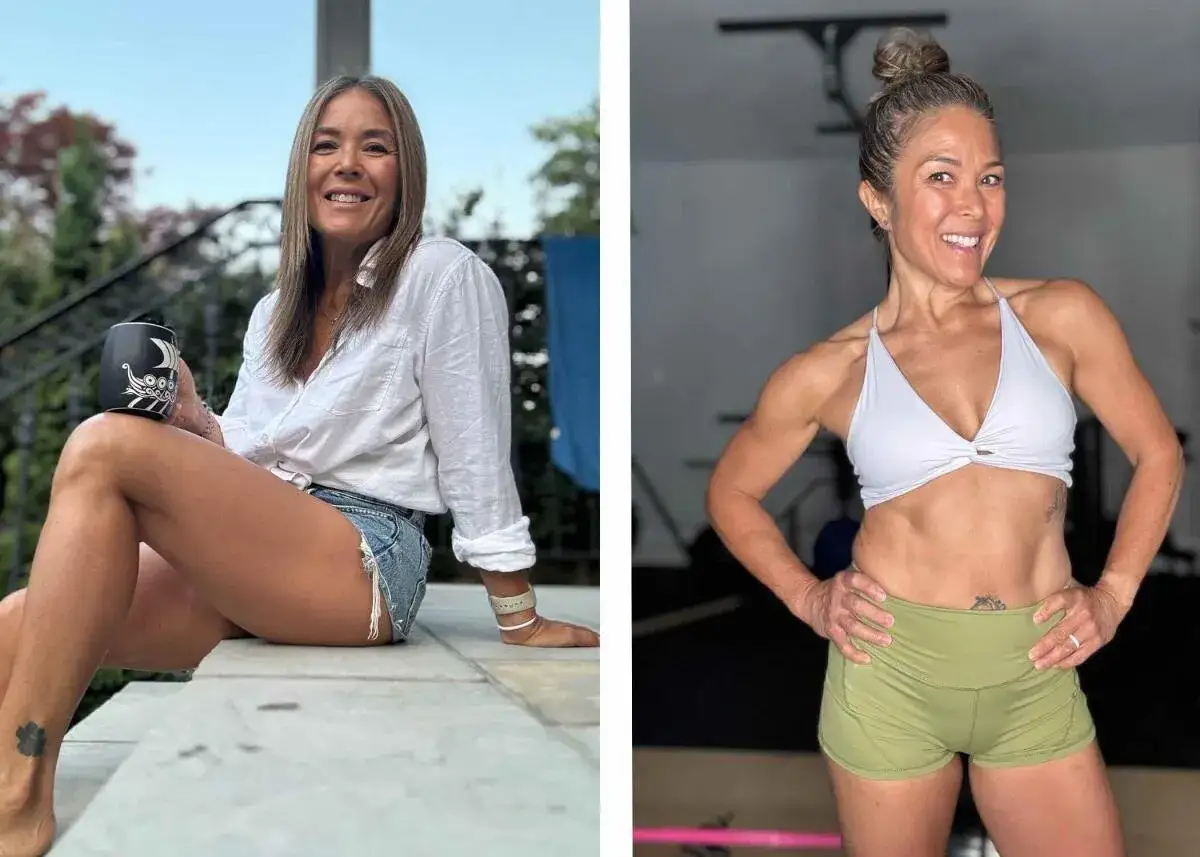 Due donne di 50 anni in forma, una rilassata all'aperto con una tazza, l'altra in posa in palestra mostrando i muscoli.