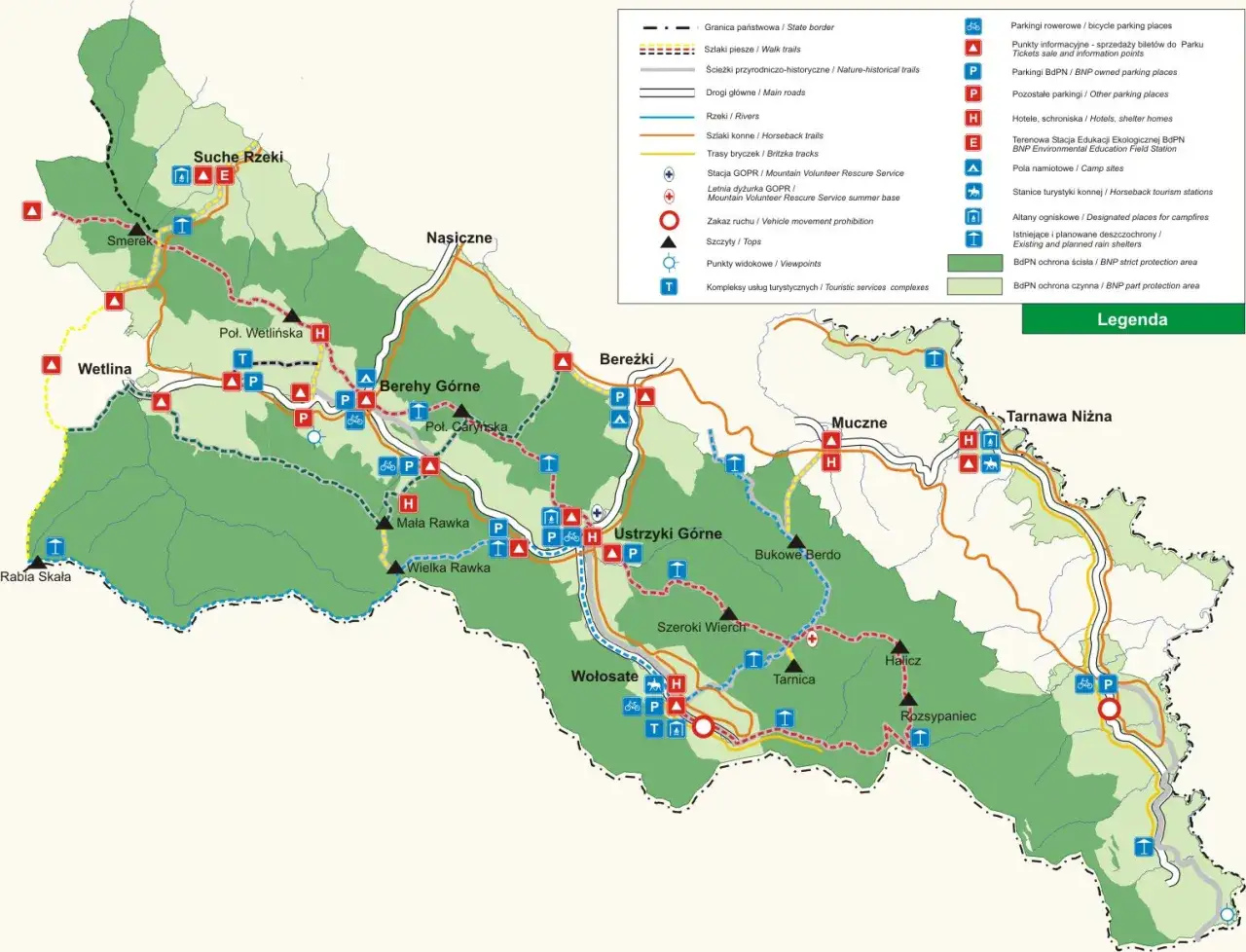 Mapa Bieszczad z zaznaczonymi szlakami, schroniskami i punktami widokowymi. Widać tu m.in. Wetlinę, Ustrzyki Górne i Tarnawę Niżną, a także obszary ochrony przyrody.