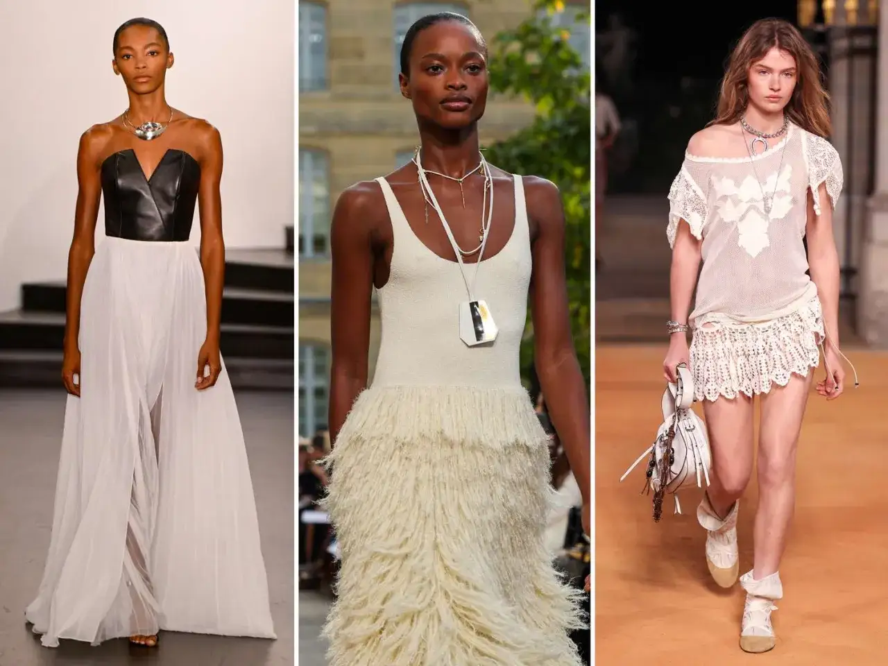 Fashion models showcase embellished definition in their outfits: a black leather bodice with a flowing white skirt, a cream dress with fringe, and a white lace mini-dress.