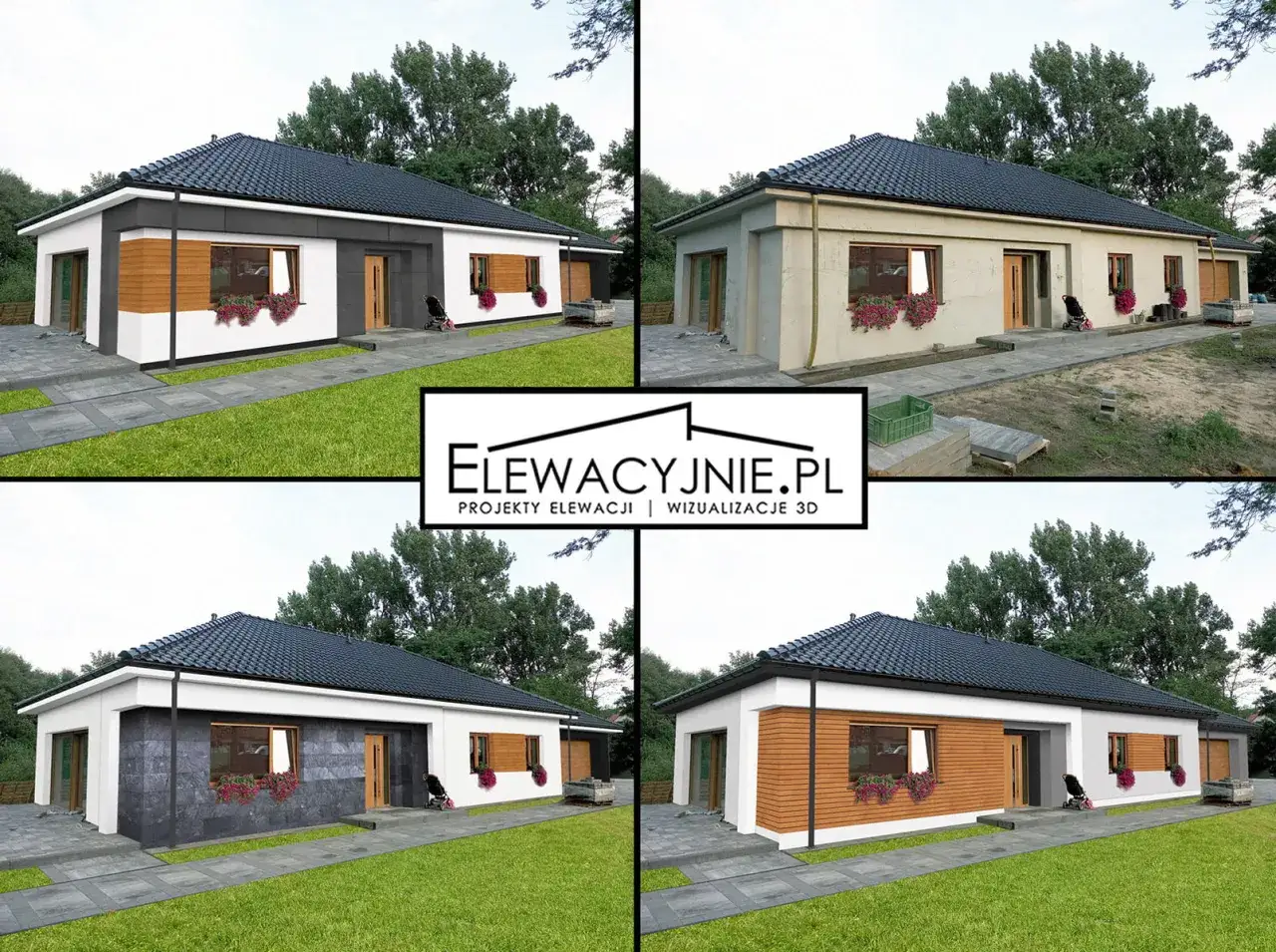 Wizualizacje domów z oknami w kolorze złoty dąb i różnymi wariantami szarej elewacji.