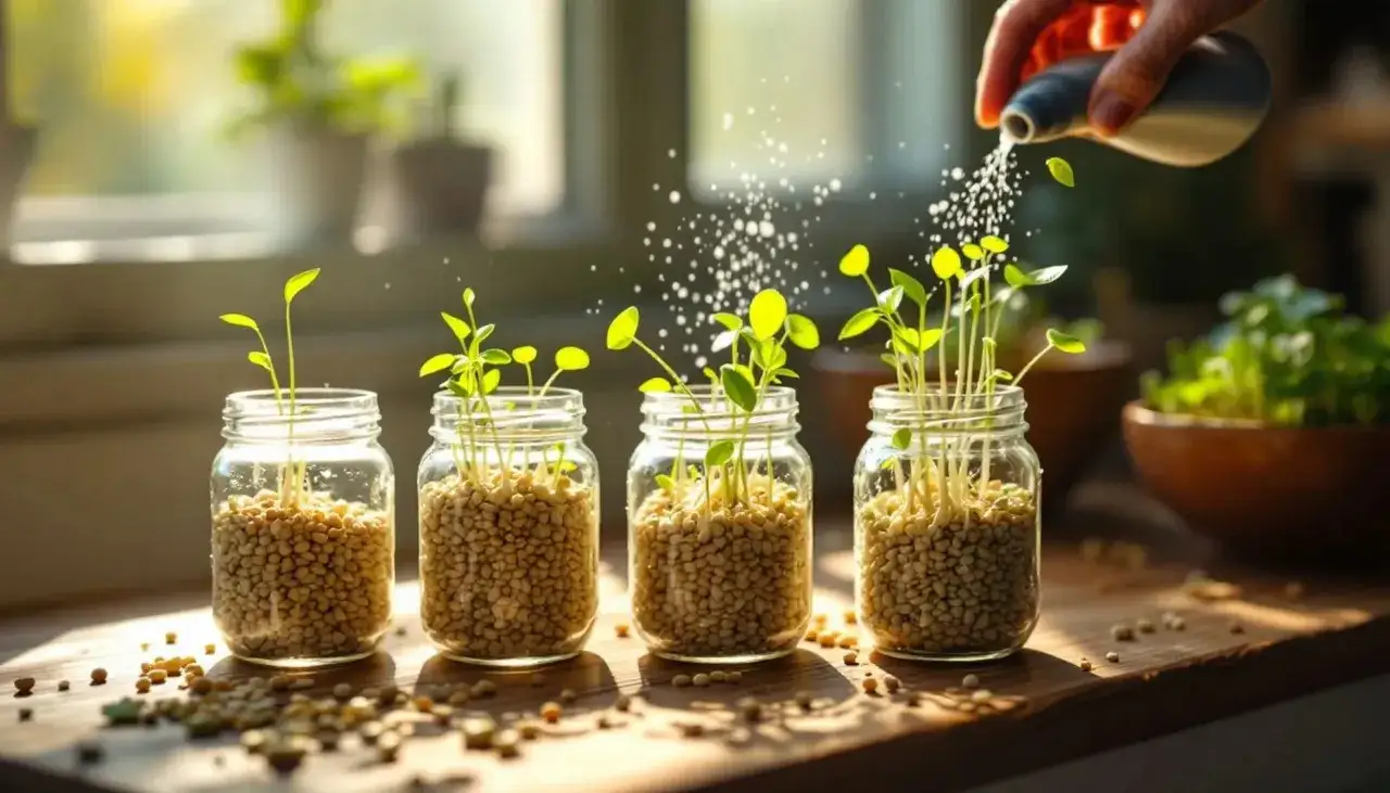 Fyra glasburkar med spirande groddar som vattnas. En hand häller vatten över de små plantorna, en vacker start för att odla groddar hemma.