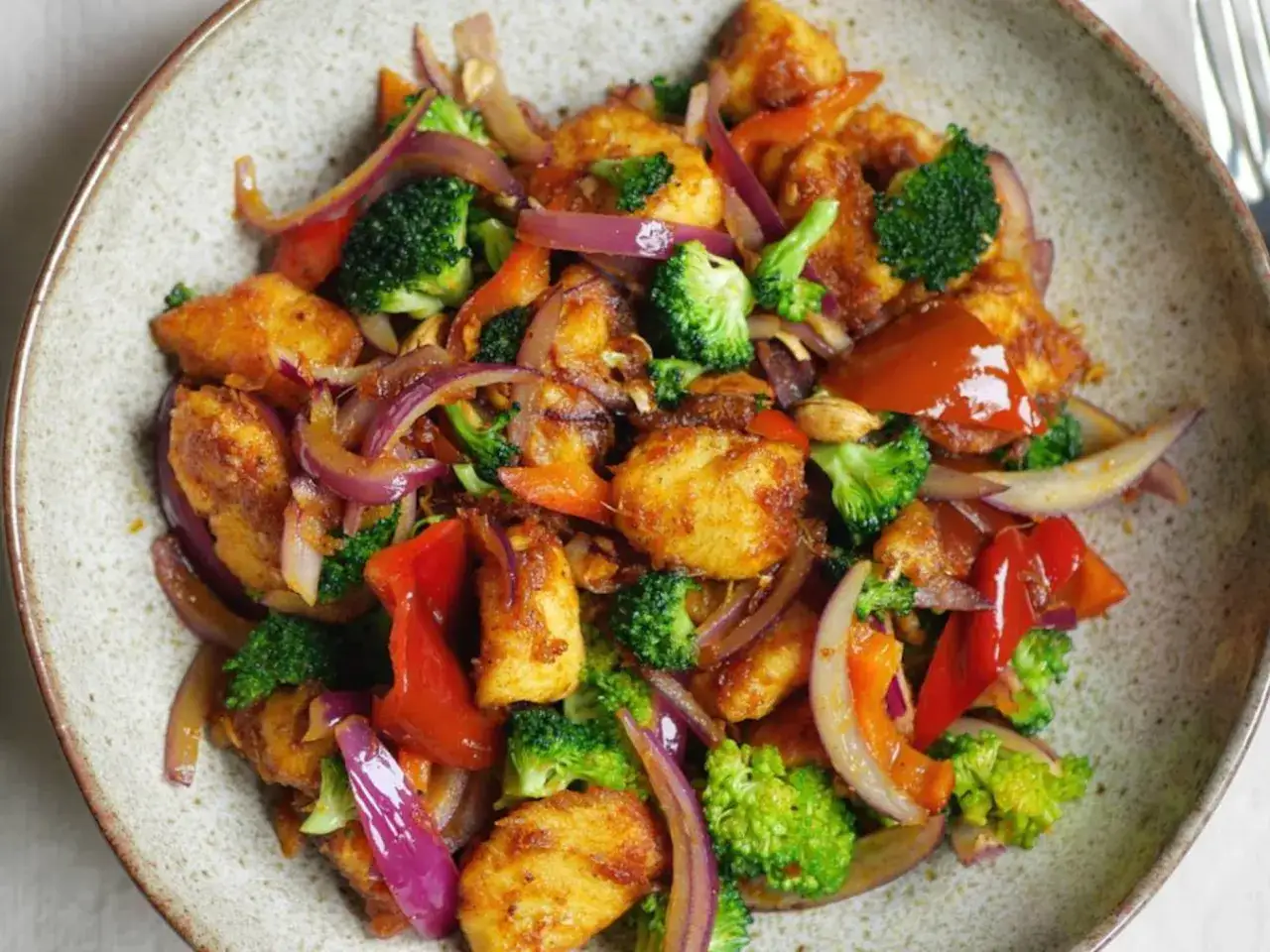 Salteado de pollo con verduras, br&oacute;coli, pimientos rojos y cebolla morada en un plato r&uacute;stico.