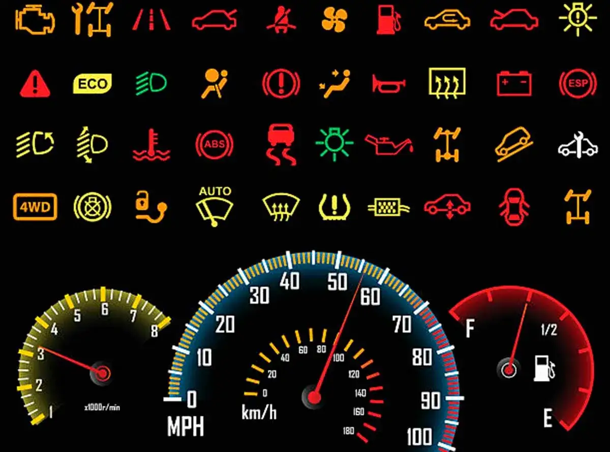 Un tablero de coche con múltiples luces de advertencia y medidores. Las luces del tablero del coche muestran iconos como motor, ABS, ECO, y más.
