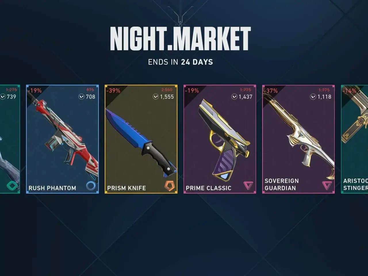 Oferty w nocnym targu Valorant: Rush Phantom, Prism Knife, Prime Classic, Sovereign Guardian.