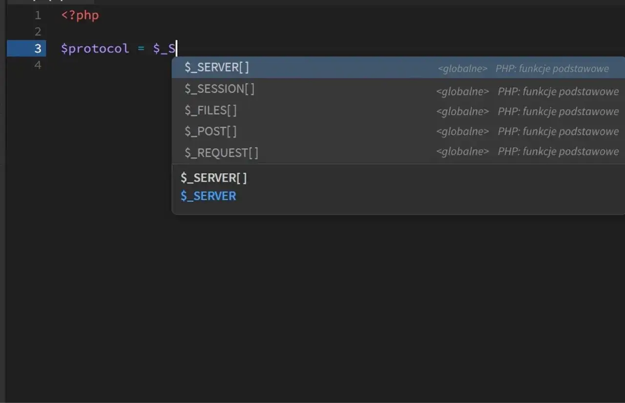 Kod PHP w Adobe Dreamweaver, pisanie `$protocol = $_S`, podpowiedź z listą zmiennych globalnych PHP.