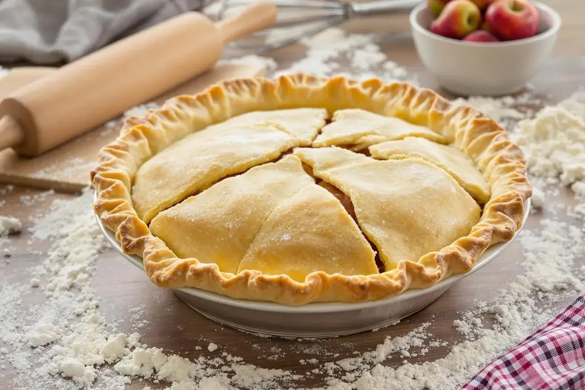 Un fond de tarte croustillant, prêt à être dégusté, avec de la farine éparpillée et une pomme fraîche à proximité.