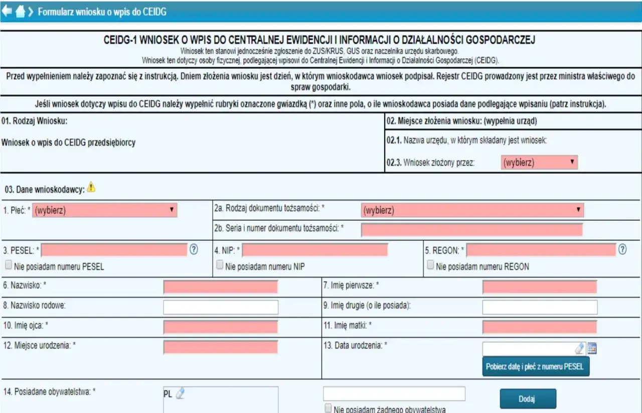 Formularz wniosku o wpis do CEIDG. Wniosek CEIDG-1 dotyczy wpisu do Centralnej Ewidencji i Informacji o Działalności Gospodarczej.