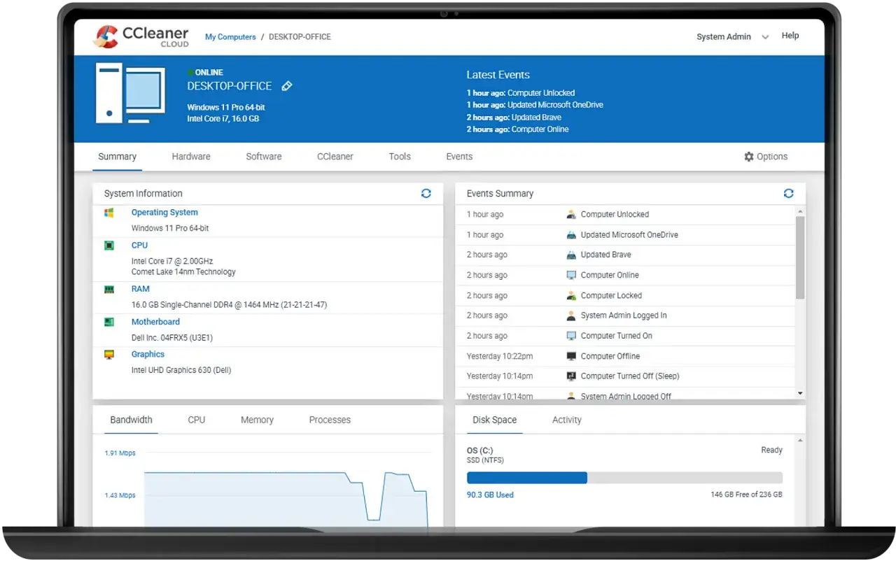 CCleaner-gr&auml;nssnitt visar systeminformation, senaste h&auml;ndelser och diskutrymme. Datorn k&ouml;r Windows 11 Pro med Intel Core i7.