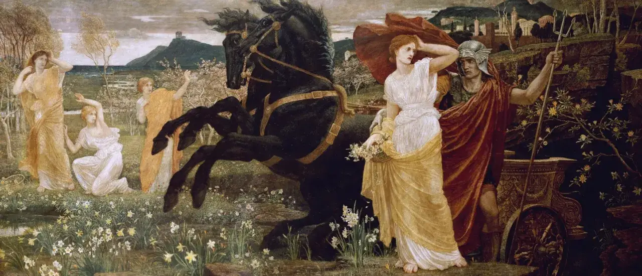 Scena z mitu o Demeter: Persefona z koszykiem kwiatów, Hades w hełmie i rydwan zaprzężony w czarne konie.