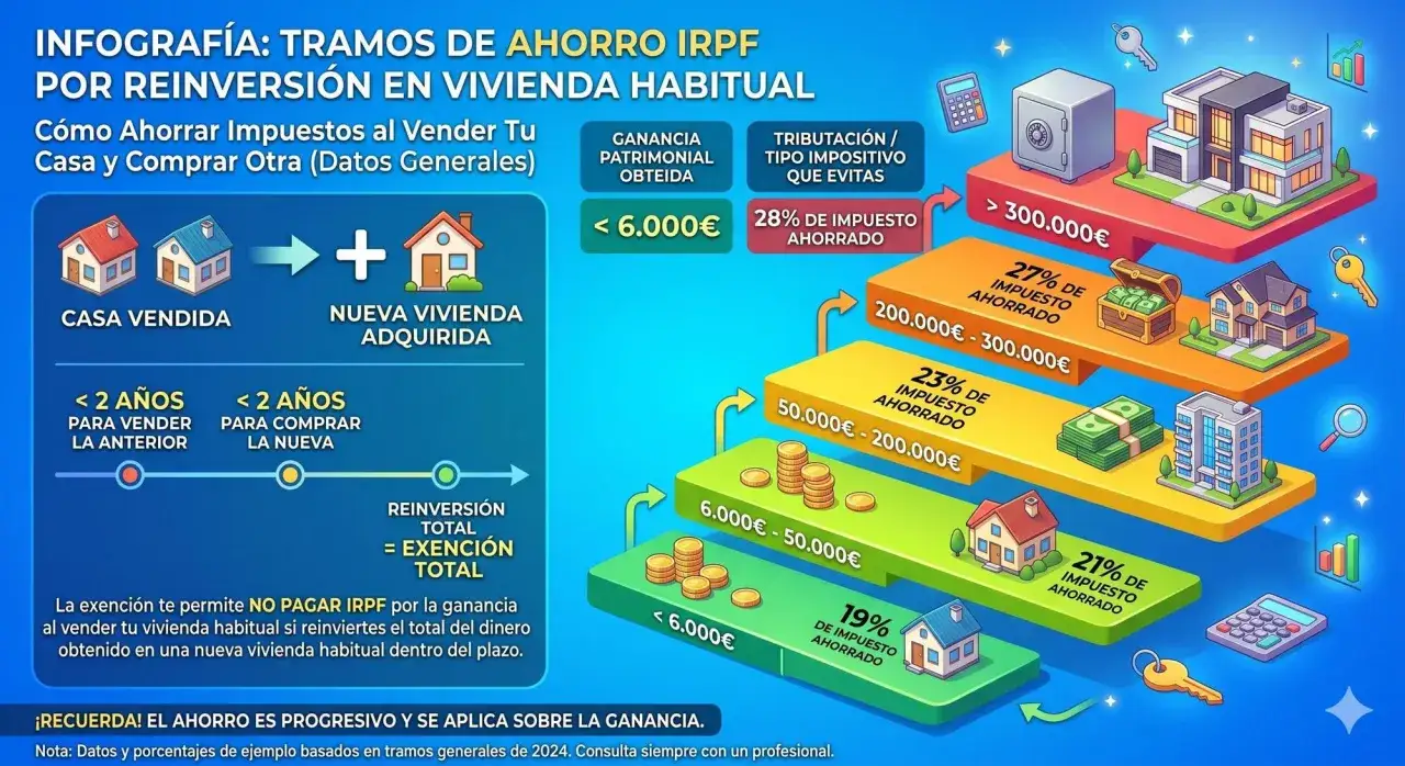 Infografía sobre cómo ahorrar impuestos al vender tu casa y comprar otra. Muestra los tramos de ganancia y el porcentaje de impuestos que se pagan al vender una casa, según la reinversión.