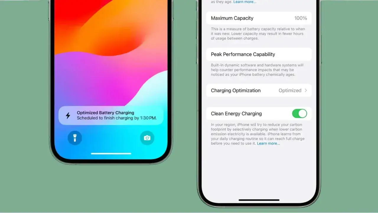 Två iPhones visar inställningar för optimerad batteriladdning och ren energi-laddning.