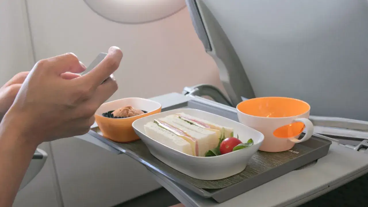 Posiłek na pokładzie samolotu. Czy można przewozić jedzenie w bagażu rejestrowanym Ryanair? Kanapka, babeczka i napój.