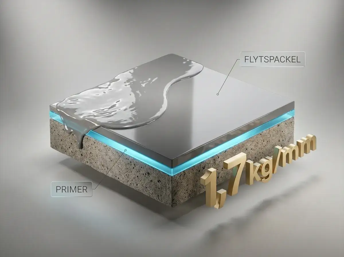Flytspackla golv: en skiktad vy visar primer, flytspackel och en yta. 1,7 kg/mm indikerar materialets densitet.