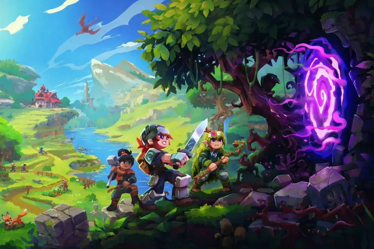 Aventureros listos para la acci&oacute;n cerca de un portal morado. &iexcl;La espera por la hytale fecha de lanzamiento se acerca!