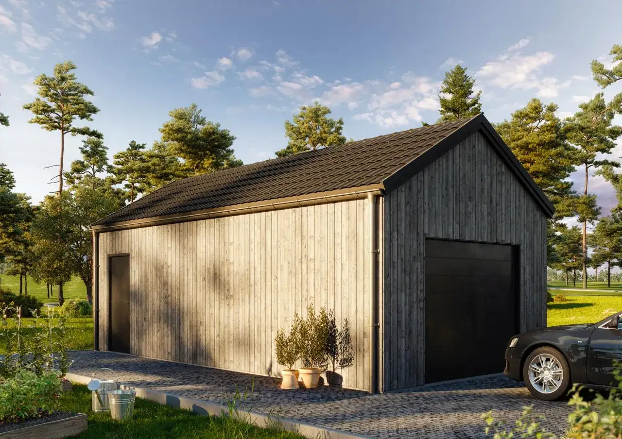 Ett modernt garage med m&ouml;rka garageportar, kl&auml;tt i tr&auml;panel. Omgivet av gr&ouml;nskande tr&auml;d och en vacker himmel.