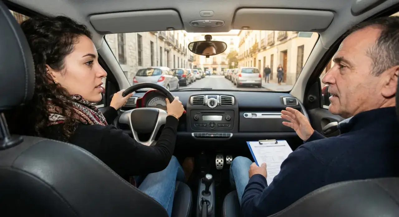 Instructor explica a alumna cu&aacute;ntas clases pr&aacute;cticas de coche se necesitan para aprobar.