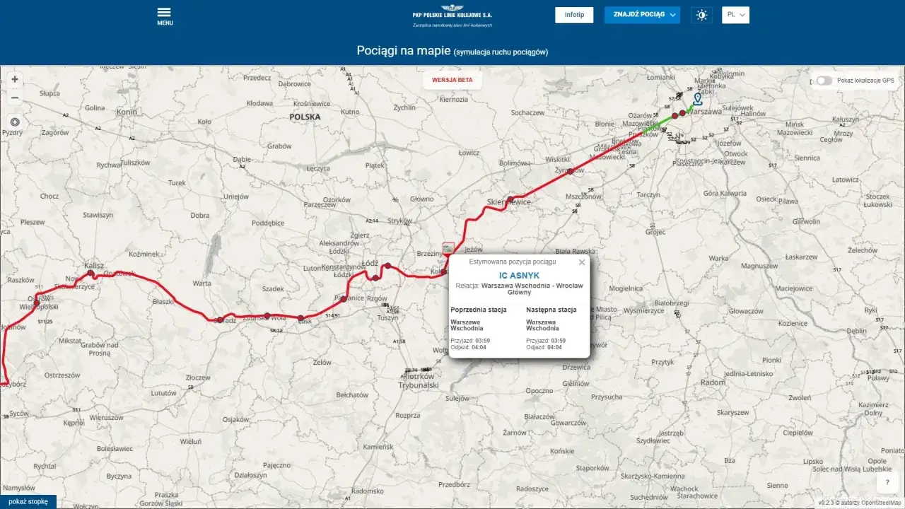 Mapa pokazuje, jak jedzie pociąg IC ASNYK z Warszawy Wschodniej do Wrocławia Gł&oacute;wnego, z zaznaczonymi stacjami i trasą.