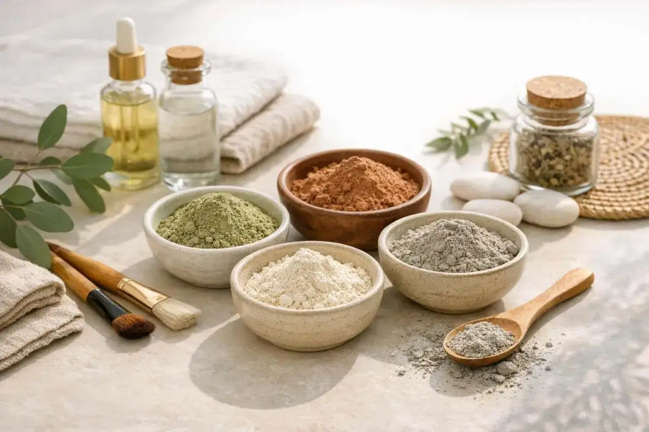 Des bols de diff&eacute;rentes argiles (verte, blanche, grise, rouge) pour des masques de beaut&eacute;. C'est quoi l'argile ? Une poudre naturelle aux multiples vertus.
