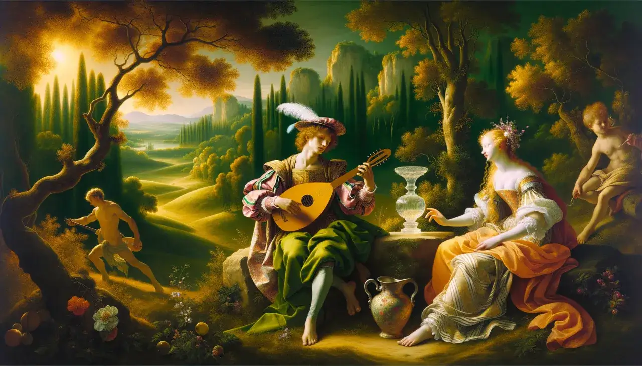Un homme joue du luth, une femme &eacute;coute, un autre homme court. Ambiance de concert champ&ecirc;tre titien dans un paysage idyllique.