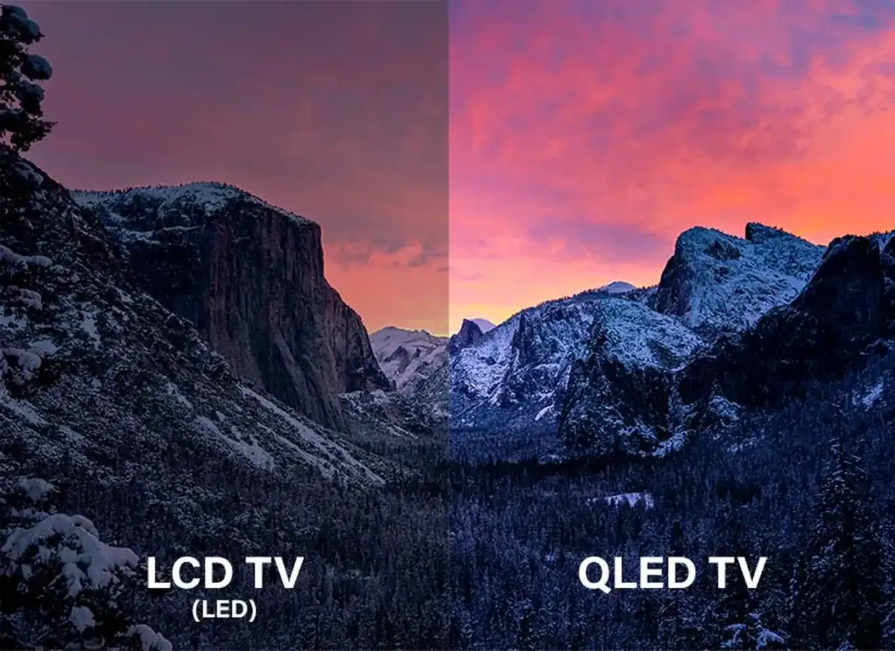 Comparaison visuelle entre un écran LCD (LED) et un écran QLED, montrant la différence entre LED et QLED dans la reproduction des couleurs d'un paysage montagneux.