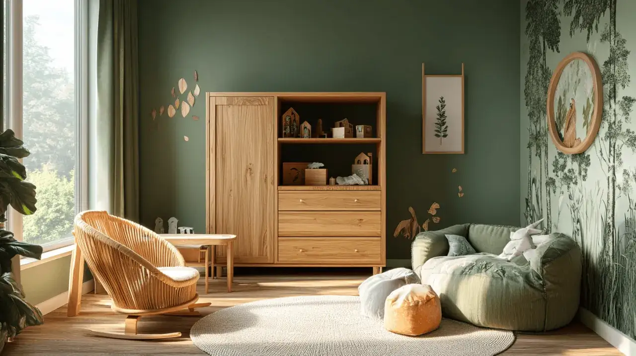 Beige mom's cozy reading nook with a rattan chair, wooden furniture, and nature-themed decor.