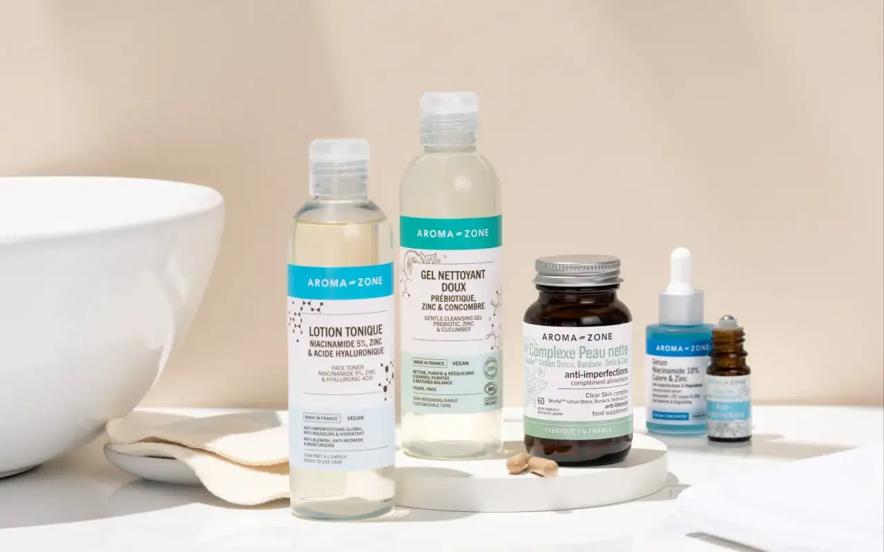 Routine peau grasse : lotion tonique, gel nettoyant, complexe peaux nettes et sérum anti-imperfections Aroma-Zone.