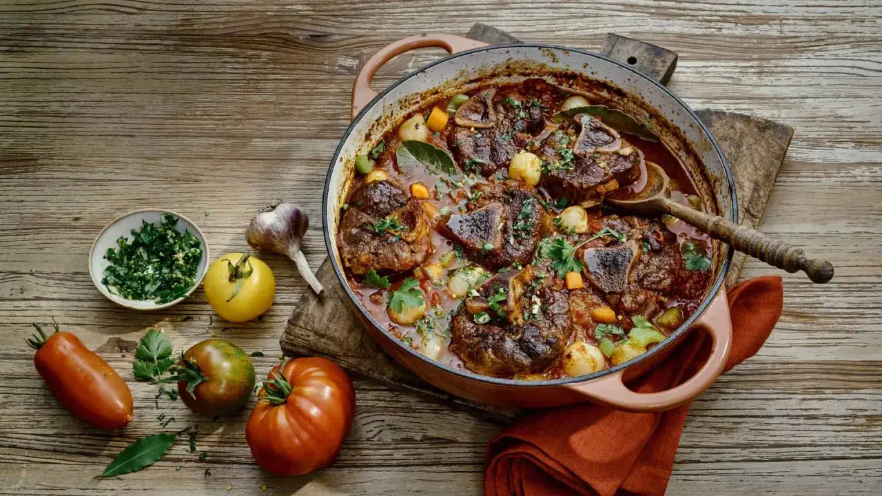 Herzhaftes italienisches Beinscheiben-Gulasch in einem Br&auml;ter, garniert mit frischer Petersilie. Daneben liegen Tomaten, Knoblauch und Kr&auml;uter.