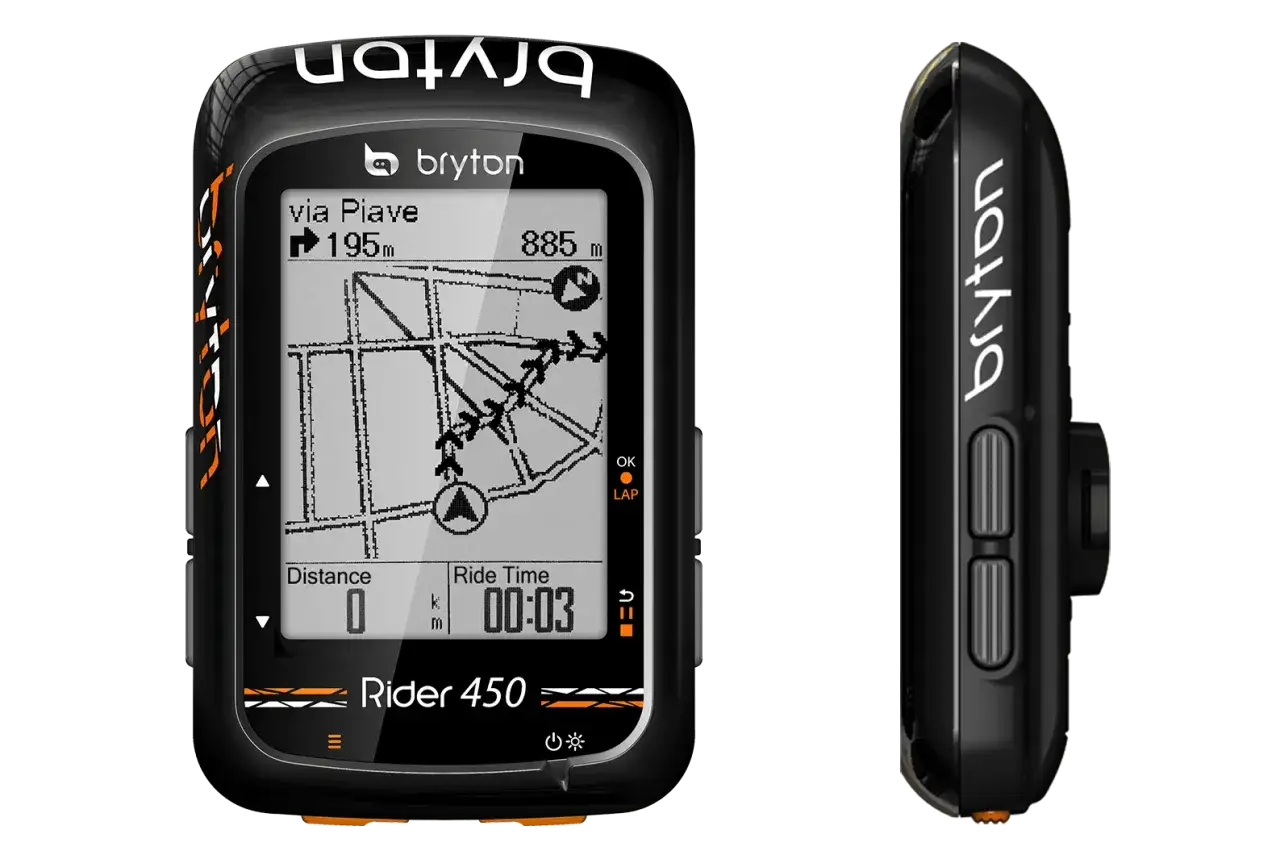 Czarny komputerek rowerowy Bryton Rider 450 z mapą trasy i danymi przejazdu.