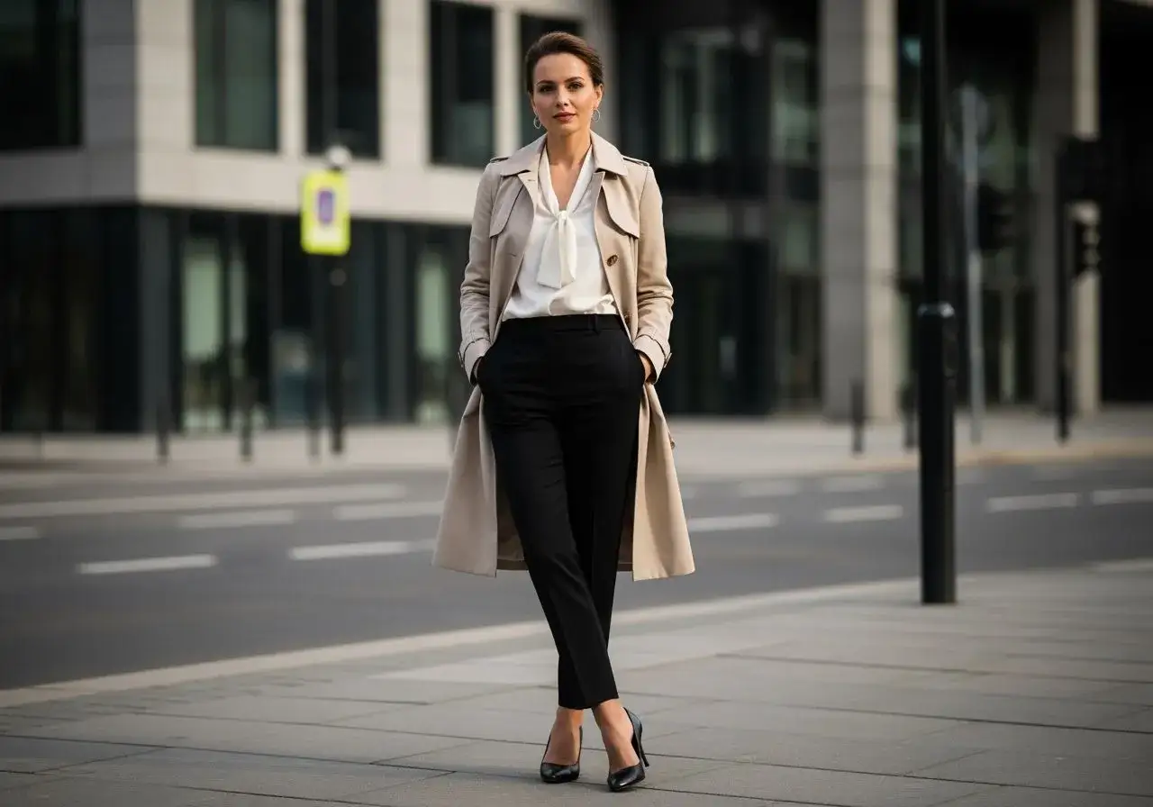 Elegancka kobieta w beżowym płaszczu i czarnych spodniach, z rękami w kieszeniach, prezentuje stylowy, casualowy look na tle nowoczesnej architektury.