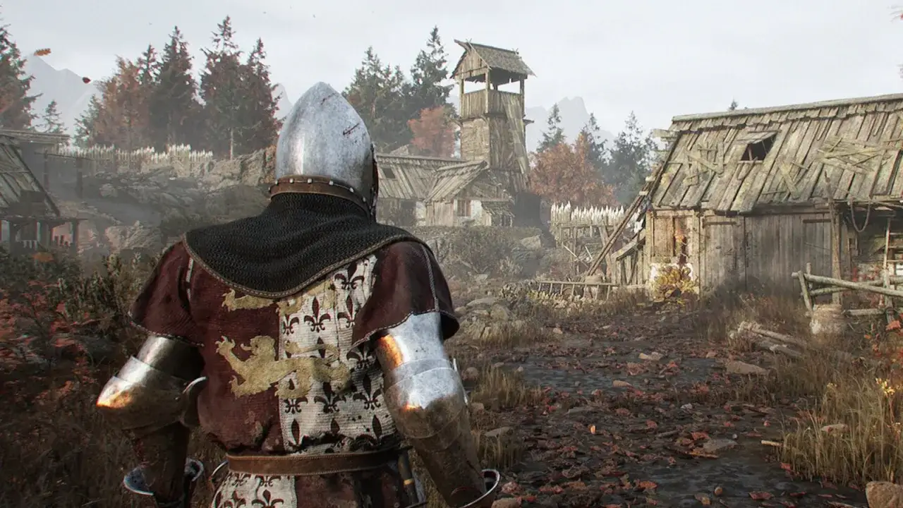 Rycerz w zbroi obserwuje zniszczoną wioskę, przygotowując się do **blight survival PS5**.