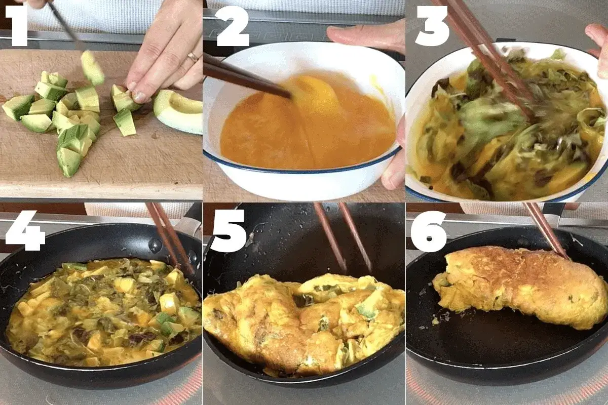 Kroki przygotowania omletu z awokado: krojenie awokado, ubijanie jajek, dodawanie awokado do jajek, smażenie na patelni, składanie omletu, gotowy omlet.