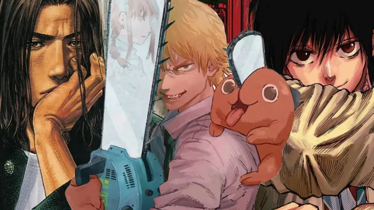 Personnages de manga emblématiques, dont Denji de Chainsaw Man, dans un montage visuel qui pourrait figurer dans le top 20 des meilleurs manga.