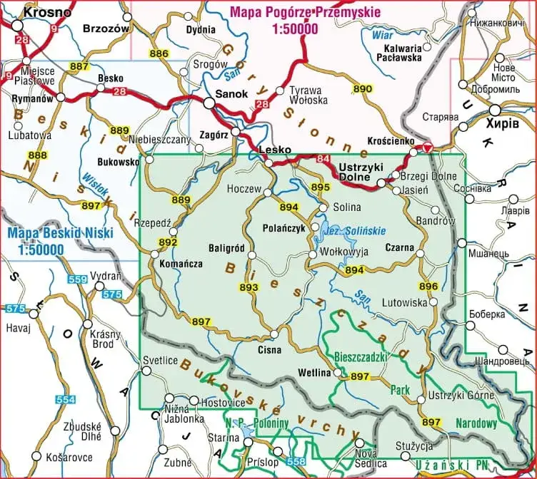 Mapa Bieszczadów z zaznaczonymi regionami Solina i Wysokie Bieszczady