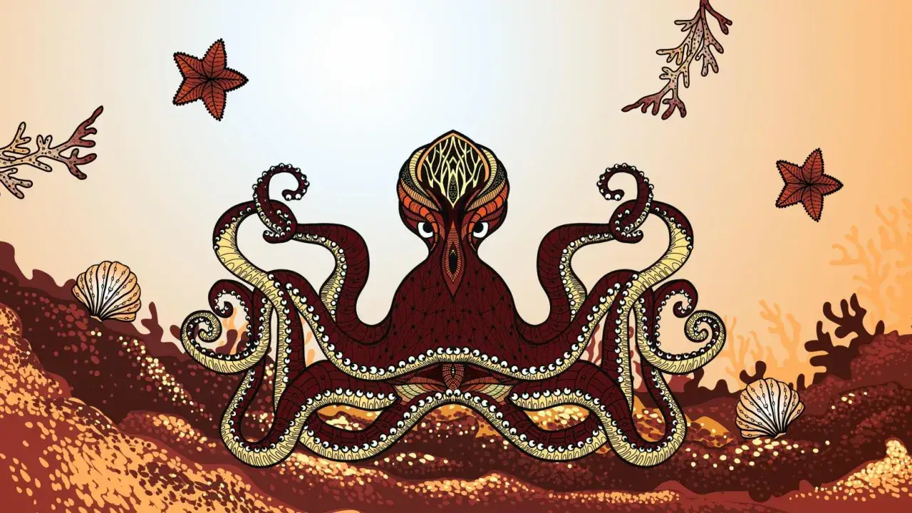 Pulpo detallado con tent&aacute;culos enroscados, estrellas de mar y conchas. Un ejemplo de c&oacute;mo se vectoriza una imagen con estilo art&iacute;stico.