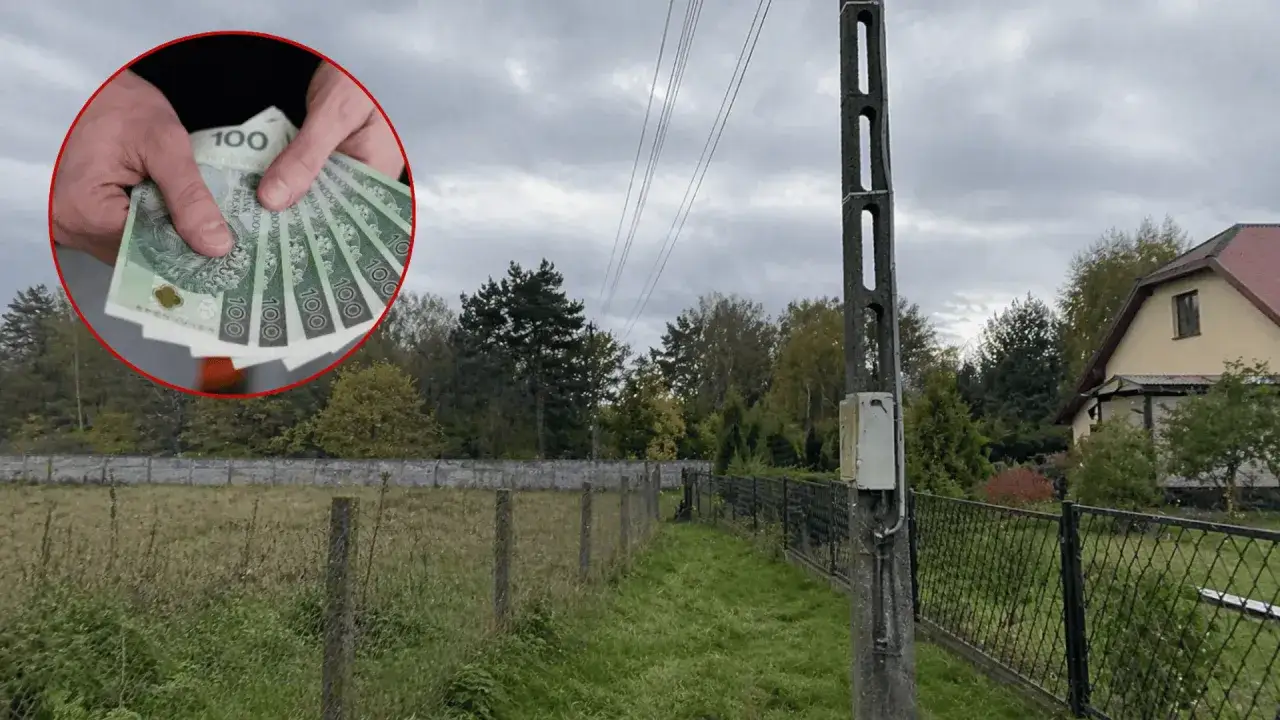 Pieniądze na tle słupa energetycznego i domu. Zastanawiasz się, ile wynosi odszkodowanie za słupy energetyczne na działce?