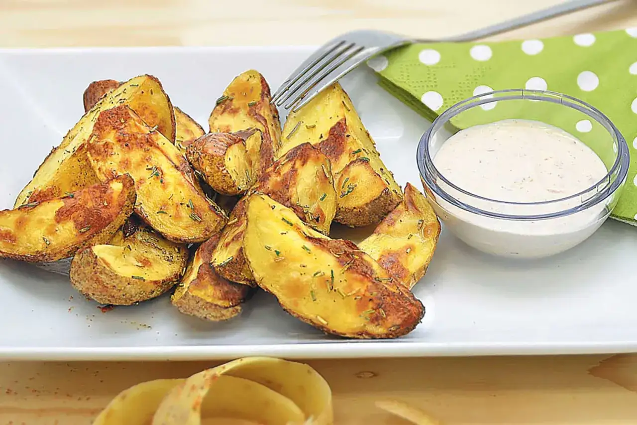 Knusprige Kartoffelspalten mit Kräutern und einem Dip aus Sour Cream.