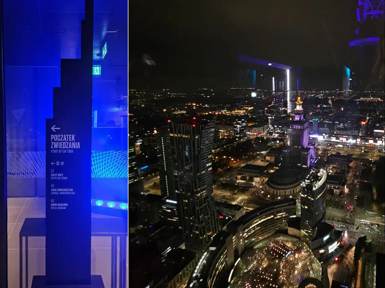 Nocna panorama Warszawy widziana z góry. Po lewej stronie tablica informacyjna 