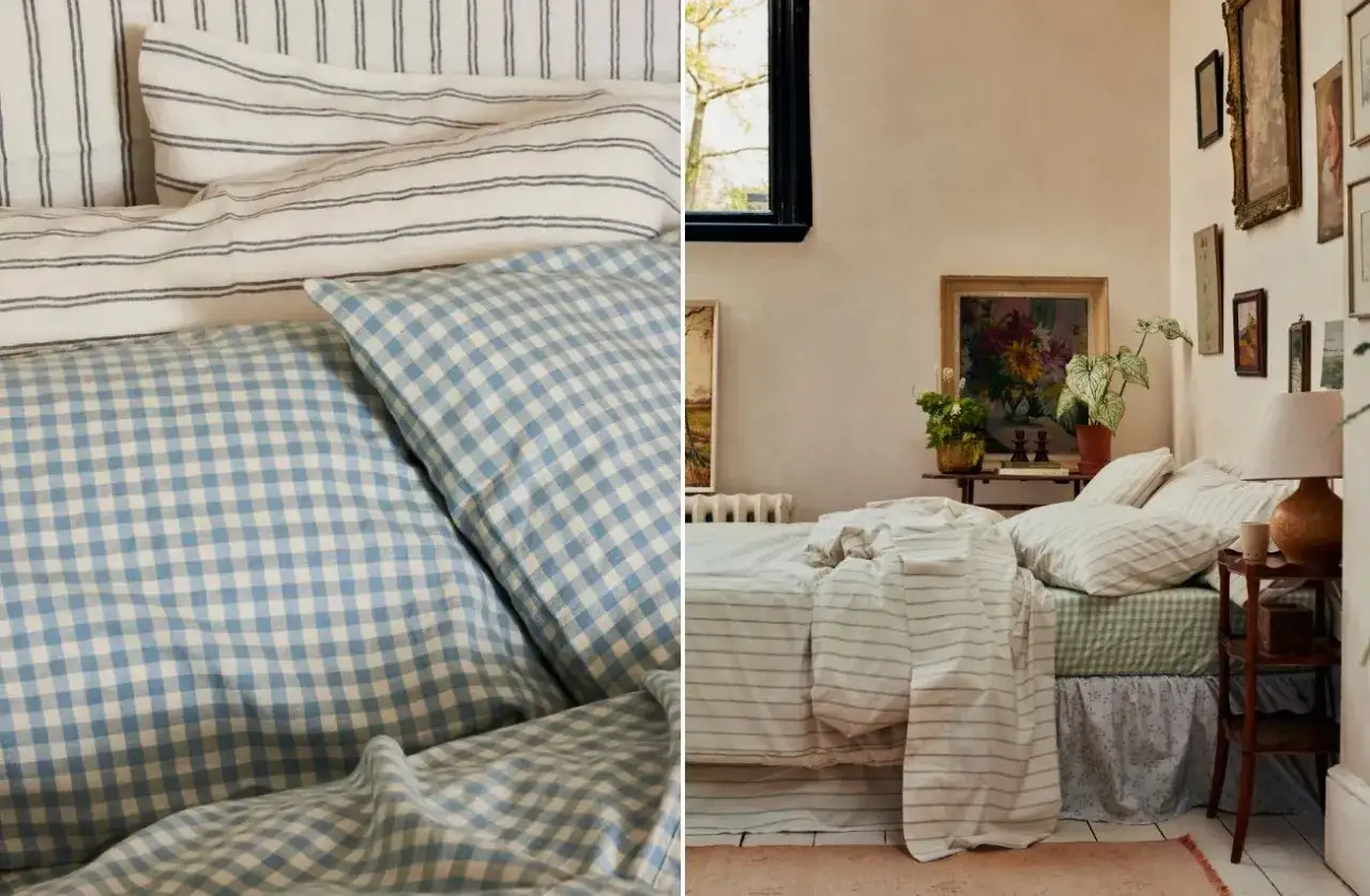 A cozy bedroom scene, showcasing a bedspread vs bed sheet dilemma with blue gingham and striped linens.
