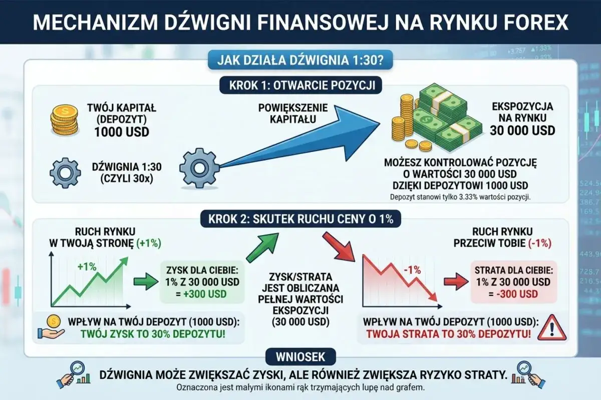 Dźwignia 1:30 na giełdzie pozwala kontrolować 30 000 USD depozytem 1000 USD. Zysk/strata zależy od pełnej ekspozycji.
