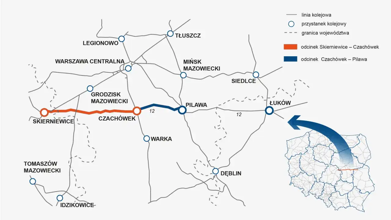 Mapa kolejowa z zaznaczonym odcinkiem Skierniewice-Czachówek i dalej do Pilawy.