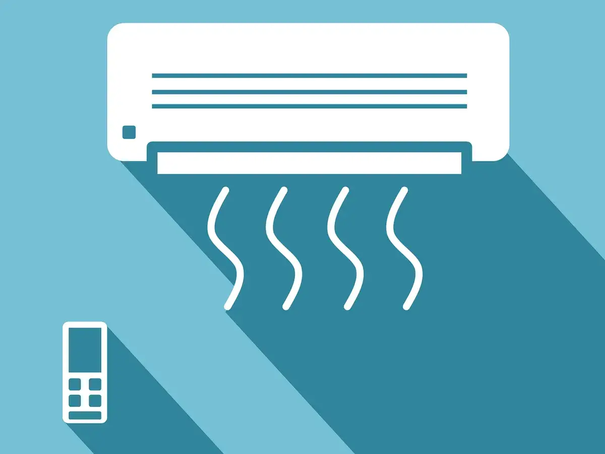 Condizionatore d'aria con telecomando. L'aria fresca che esce indica la sua potenza, misurata in cosa sono i btu, per rinfrescare l'ambiente.