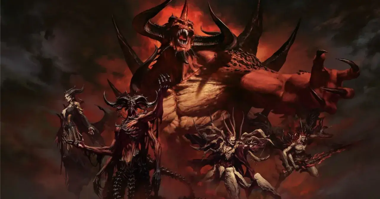 Wizja piekła z Diablo IV: potężny demon g&oacute;ruje nad mniejszymi, złowrogimi postaciami.