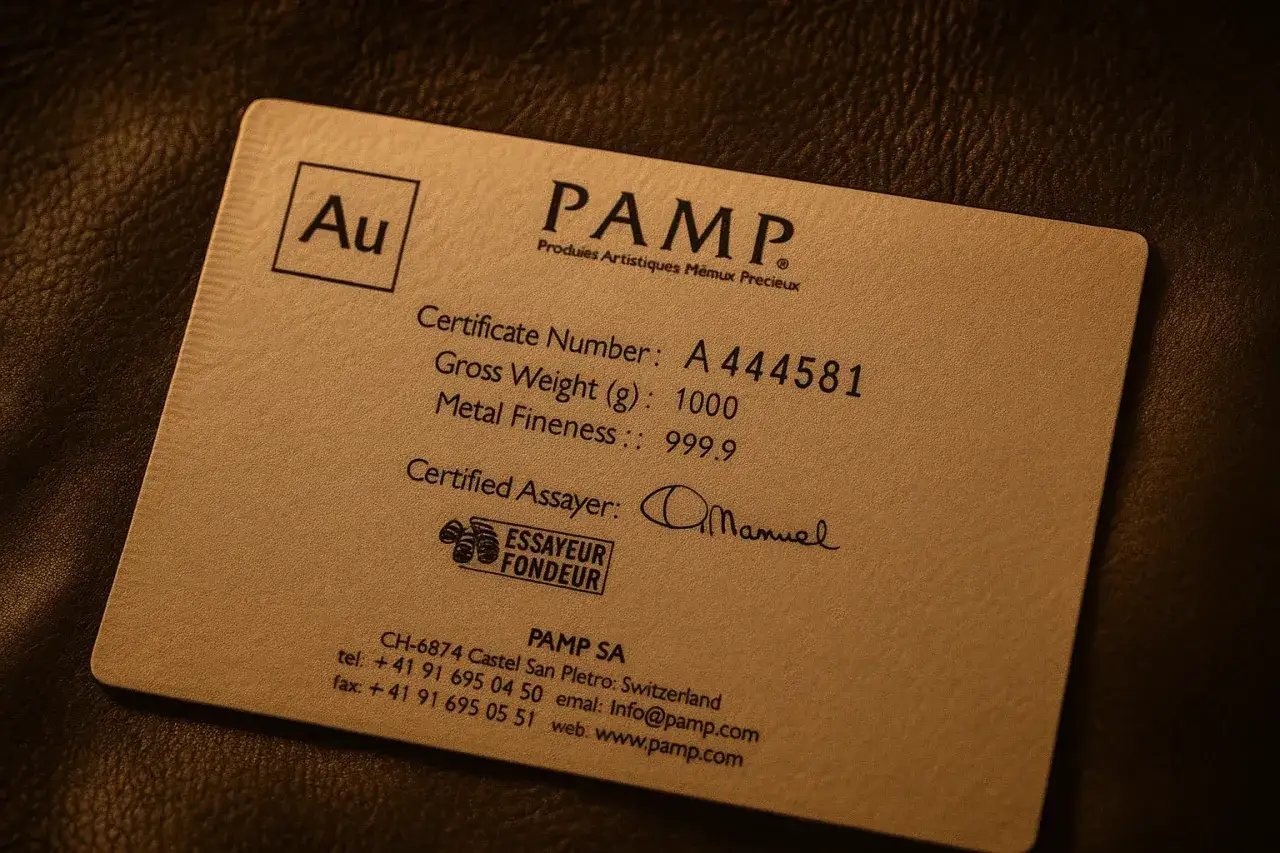 Certyfikat PAMP dla złota o próbie 999.9, potwierdzający autentyczność i wagę. Mennice z certyfikatem LBMA gwarantują jakość.