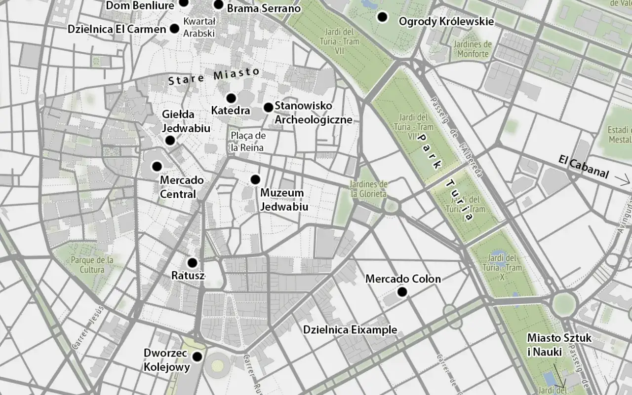 Mapa **walencja stare miasto** z zaznaczonymi zabytkami: Katedra, Giełda Jedwabiu, Ratusz, Muzeum Jedwabiu, Dworzec Kolejowy.