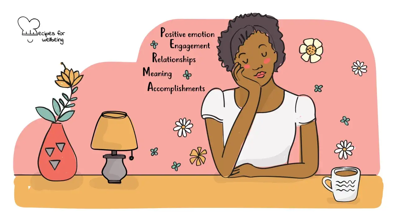 Modello PERMA: emozioni positive, coinvolgimento, relazioni, significato e realizzazioni. Una donna riflette su questi elementi per il benessere.