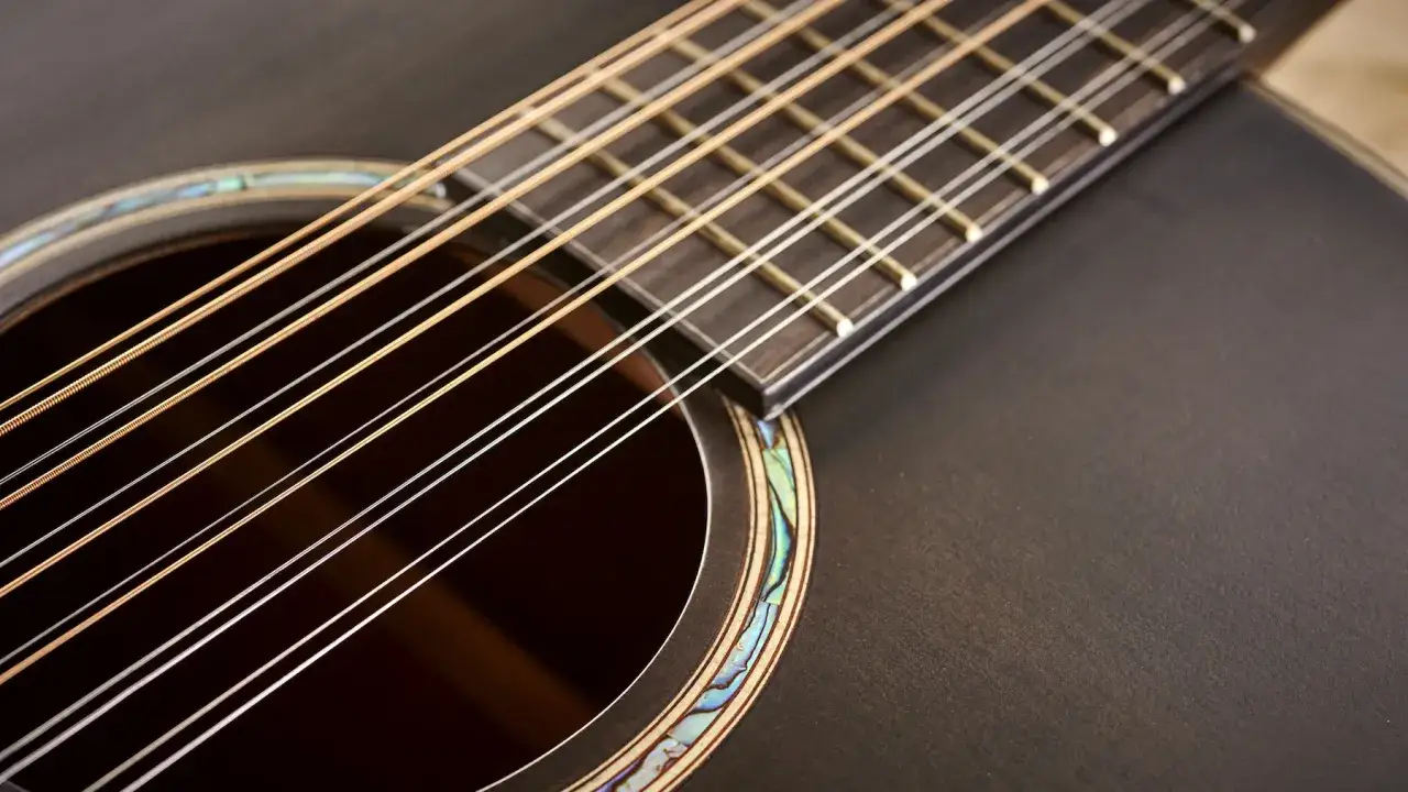 Zbliżenie na ciemną, 12 strunową gitarę z ozdobną rozetą.