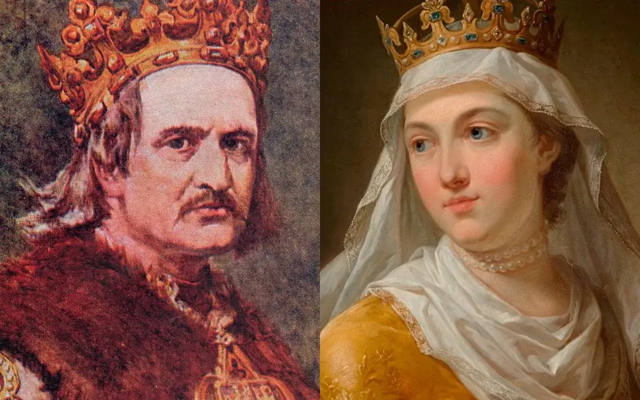 Portret króla i jednej z żon Jagiełły. Król w koronie i futrzanym płaszczu, królowa w koronie, welonie i perłach.